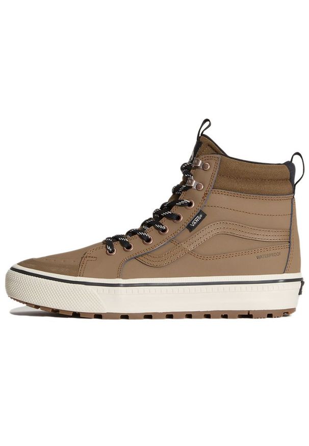 Buty męskie Vans SK8-Hi Waterproof VN000DAQ91K1 - brązowe. Kolor: brązowy. Materiał: guma, syntetyk, skóra, materiał. Szerokość cholewki: normalna. Technologia: Primaloft. Sezon: jesień. Model: Vans SK8