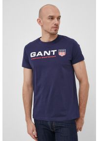 GANT - Gant T-shirt bawełniany kolor granatowy z nadrukiem. Okazja: na co dzień. Kolor: niebieski. Materiał: bawełna. Wzór: nadruk. Styl: casual