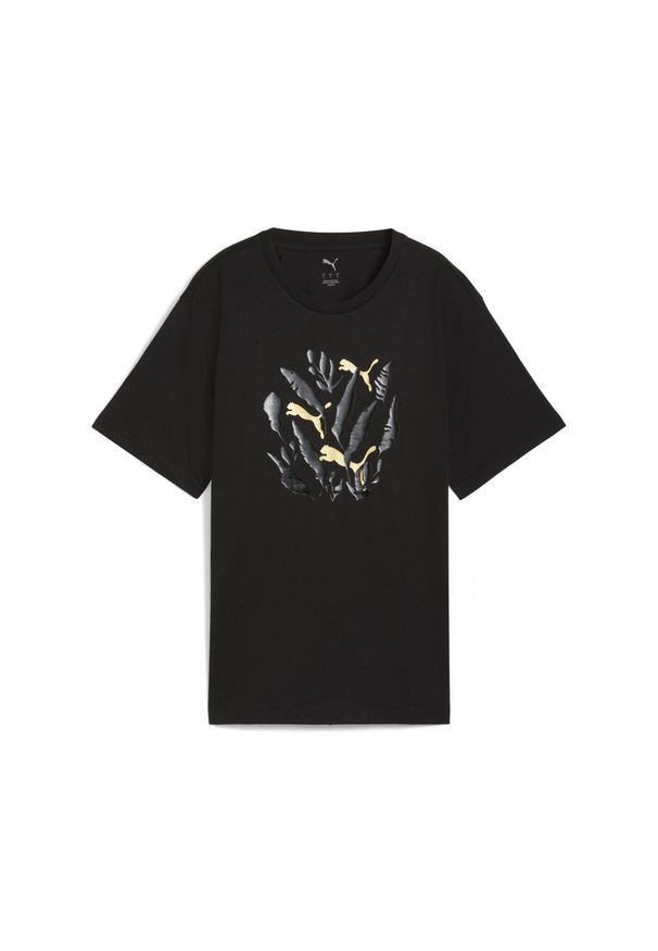 Puma - Damska koszulka o luźnym kroju z grafiką liści PUMA. Kolor: żółty, czarny, wielokolorowy. Sport: bieganie