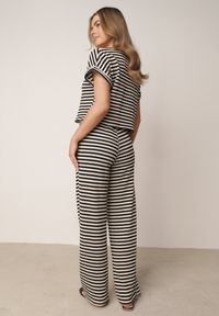 Born2be - Beżowo-Czarny Dzianinowy Komplet z Bawełną Ozdobiony Wzorem w Paski Spodnie i Bluzka Amiphisia. Kolor: beżowy. Materiał: bawełna, dzianina. Wzór: paski, aplikacja #5