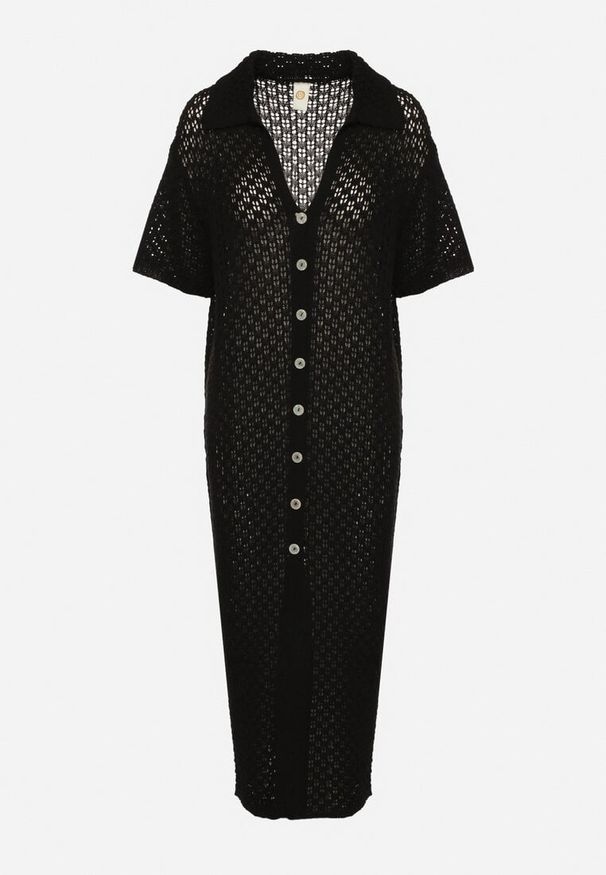 Born2be - Czarna Siateczkowa Sukienka Koszulowa z Bawełną Folaris. Okazja: na co dzień. Kolor: czarny. Materiał: bawełna. Sezon: lato. Typ sukienki: koszulowe. Styl: casual, elegancki