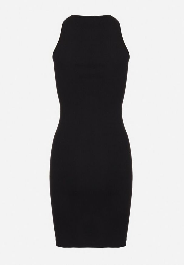 Born2be - Czarna Bawełniana Sukienka Prążkowana z Ozdobnie Wiązanym Dekoltem Vikimarra. Okazja: na co dzień. Kolor: czarny. Materiał: prążkowany, bawełna. Długość rękawa: krótki rękaw. Styl: casual, elegancki, klasyczny, wizytowy