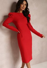 Renee - Czerwona Sukienka Taliowana z Bufiastym Rękawem Adarei. Kolor: czerwony. Styl: elegancki. Długość: midi