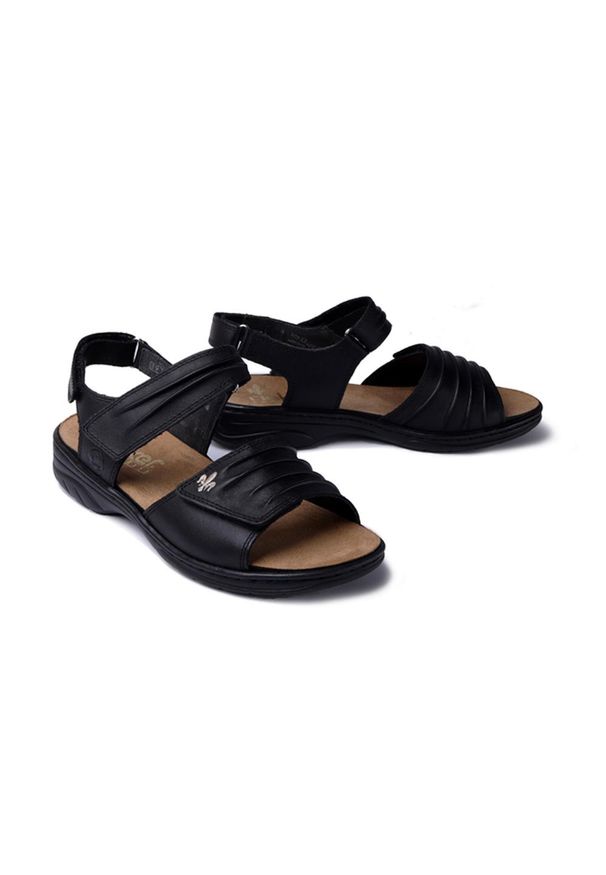 Rieker - RIEKER 64560-01 sandały, sandały damskie. Zapięcie: rzepy. Kolor: czarny. Materiał: skóra