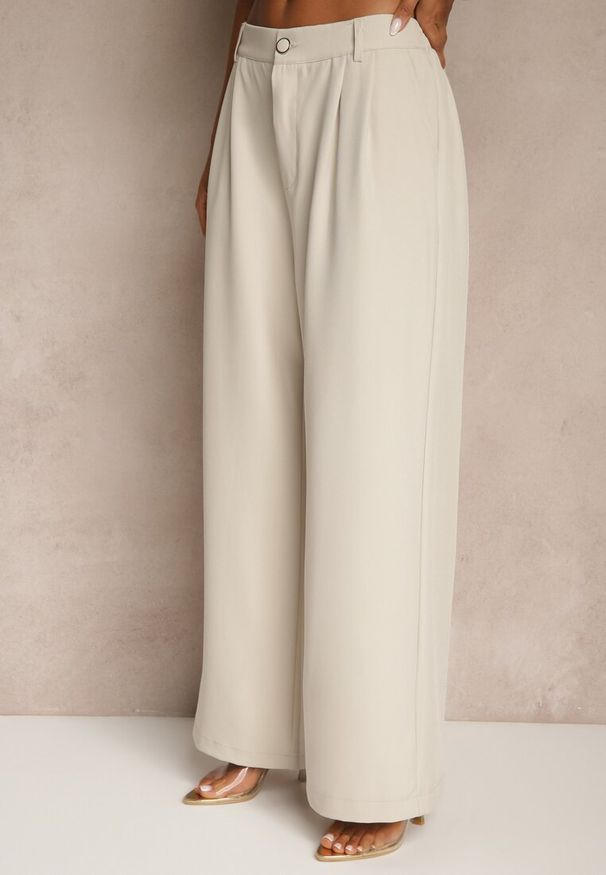 Renee - Jasnobeżowe Spodnie o Szerokim Kroju High Waist Dolarenna. Okazja: na co dzień. Stan: podwyższony. Kolor: beżowy. Styl: elegancki, casual