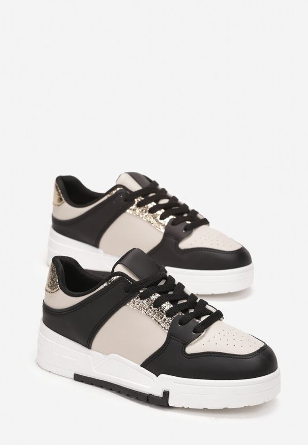 Born2be - Czarne Sneakersy ze Wstawkami i Sznurowaniem Kamilise. Okazja: na co dzień. Nosek buta: okrągły. Zapięcie: sznurówki. Kolor: czarny. Materiał: jeans, materiał. Obcas: na obcasie. Wysokość obcasa: niski