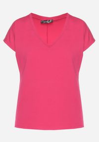 Born2be - Fuksjowy Bawełniany T-shirt z Trójkątnym Dekoltem Linarosea. Okazja: na co dzień. Kolor: różowy. Materiał: bawełna. Styl: casual #7