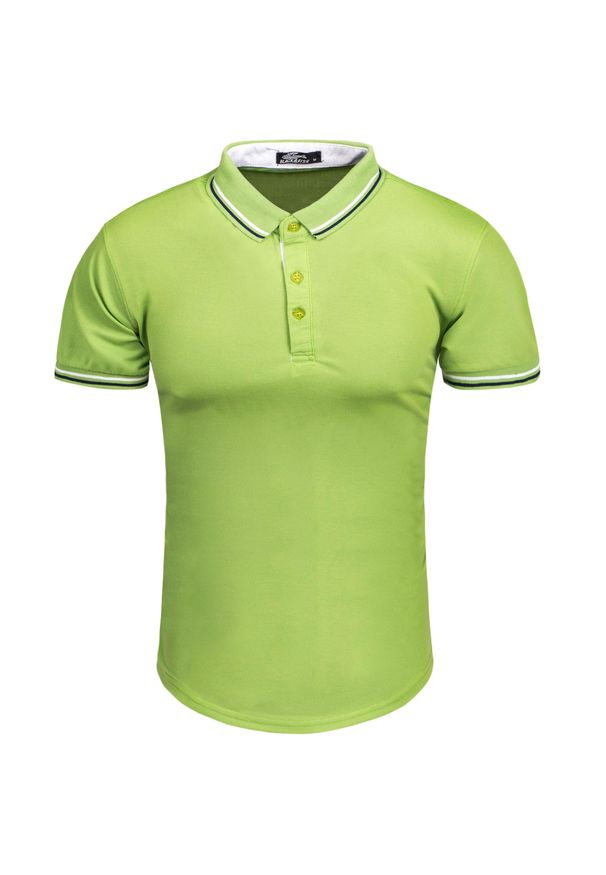 Koszulka polo męska zielona slim Recea. Okazja: na co dzień. Typ kołnierza: polo. Kolor: zielony. Materiał: poliester, bawełna. Długość rękawa: krótki rękaw. Styl: casual