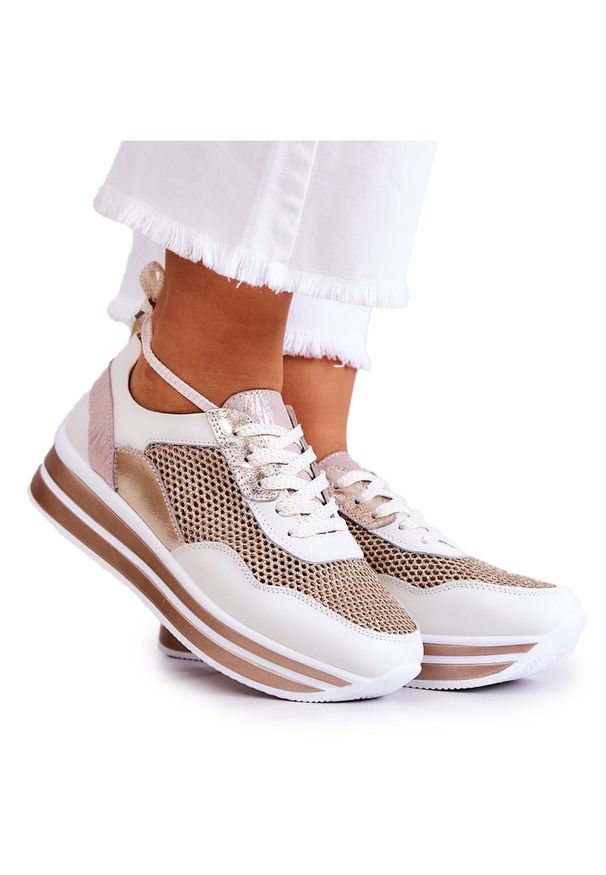 S.Barski Damskie Buty Sportowe Sneakersy Biało-Złote Bourne białe złoty. Kolor: biały, wielokolorowy, złoty. Materiał: materiał, skóra. Sezon: lato, wiosna. Obcas: na koturnie