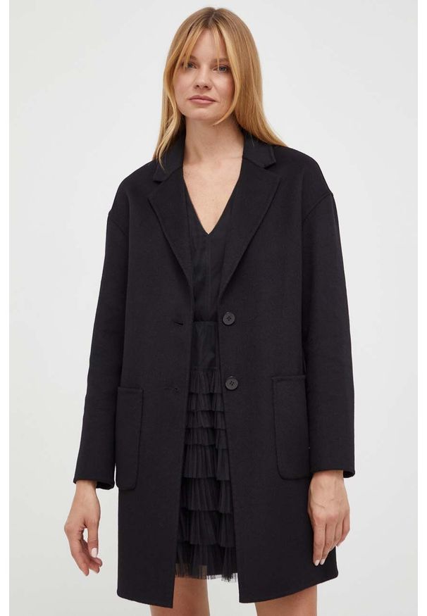 TwinSet - Twinset płaszcz wełniany kolor czarny przejściowy. Kolor: czarny. Materiał: wełna. Styl: klasyczny
