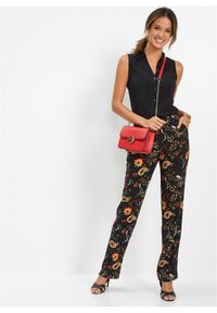 bonprix - Spodnie z wiskozy z gumką w talii. Kolor: czarny. Materiał: wiskoza. Wzór: nadruk, kwiaty #3