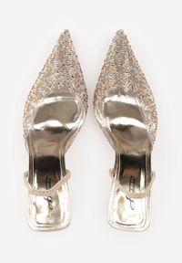 Born2be - Złote Transparentne Szpilki z Odkrytą Piętą i Cyrkoniami na Nosku Ilunatia. Okazja: na co dzień, na randkę, na ślub cywilny, na wesele. Kolor: złoty. Materiał: jeans. Obcas: na szpilce. Styl: casual, elegancki, wizytowy #7