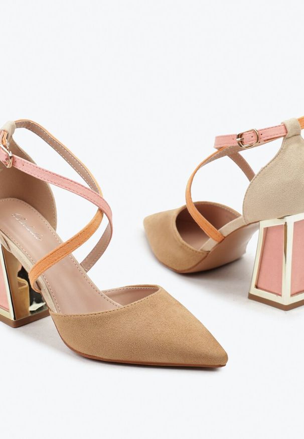 Renee - Brązowe Czółenka na Obcasie w Kształcie Stożka z Metalowym Obramowaniem Haslia. Okazja: na co dzień. Zapięcie: sprzączka. Kolor: brązowy. Obcas: na obcasie. Styl: casual, elegancki. Wysokość obcasa: średni