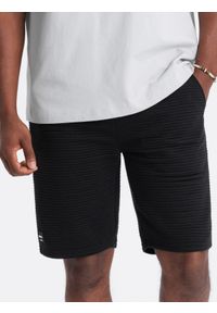 Ombre Clothing - Krótkie spodenki męskie dresowe z dzianiny ottoman – czarne V4. Kolor: czarny. Materiał: dresówka, dzianina. Długość: krótkie. Wzór: aplikacja. Sezon: lato