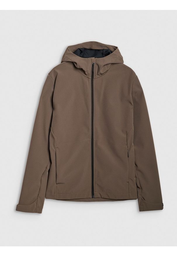 4f - Kurtka softshell wiatroodporna membrana 5000 męska - brązowa. Typ kołnierza: kaptur. Kolor: brązowy. Materiał: softshell. Technologia: Windstopper