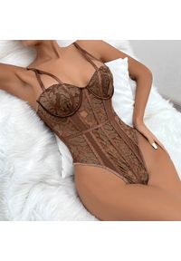 Intica - Body z haftem na romantyczne wieczory Tabatha. Kolor: brązowy. Materiał: materiał. Wzór: haft