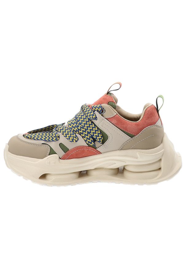 Sneakersy damskie S.Barski, na masywnej amortyzowanej podeszwie z dynamicznym zestawieniem kolorów i szerokimi ozdobnymi sznurówkami, beżowe, CR61-31. Okazja: na co dzień. Zapięcie: sznurówki. Kolor: beżowy. Materiał: jeans. Szerokość cholewki: normalna