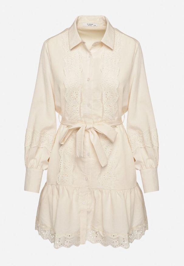 Born2be - Jasnobeżowa Koszulowa Sukienka z Wiskozy z Bawełną Koronką i Paskiem Lilresia. Okazja: na co dzień. Kolor: beżowy. Materiał: wiskoza, bawełna, koronka. Długość rękawa: długi rękaw. Wzór: koronka. Sezon: wiosna, lato. Typ sukienki: koszulowe. Styl: casual, elegancki, klasyczny