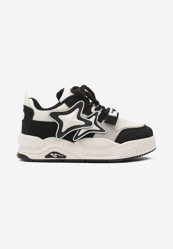 Born2be - Beżowo-Czarne Sneakersy na Grubej podeszwie z Zapięciem na Rzep i Aplikacją na Boku Arforina. Nosek buta: okrągły. Zapięcie: rzepy. Kolor: beżowy. Materiał: materiał. Wzór: aplikacja. Obcas: na obcasie. Wysokość obcasa: niski