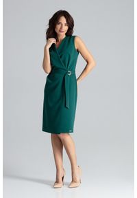 Lenitif - Elegancka ołówkowa kopertowa sukienka z paskiem zielona. Okazja: do pracy. Typ kołnierza: dekolt kopertowy. Kolor: zielony. Typ sukienki: ołówkowe, kopertowe. Styl: elegancki #1