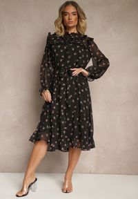 Renee - Czarna Rozkloszowana Sukienka w Kwiatowy Print z Wiązaniem w Talii i Pod Dekoltem Ronflara. Okazja: na co dzień. Kolor: czarny. Materiał: jeans, poliester. Wzór: kwiaty, nadruk. Typ sukienki: proste. Styl: klasyczny, casual, elegancki #5