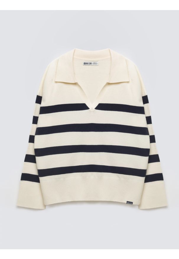 Big-Star - Sweter damski polo w pasy kremowo-czarne Alina 100. Okazja: na co dzień. Typ kołnierza: polo. Kolor: biały. Materiał: wiskoza. Styl: casual, elegancki