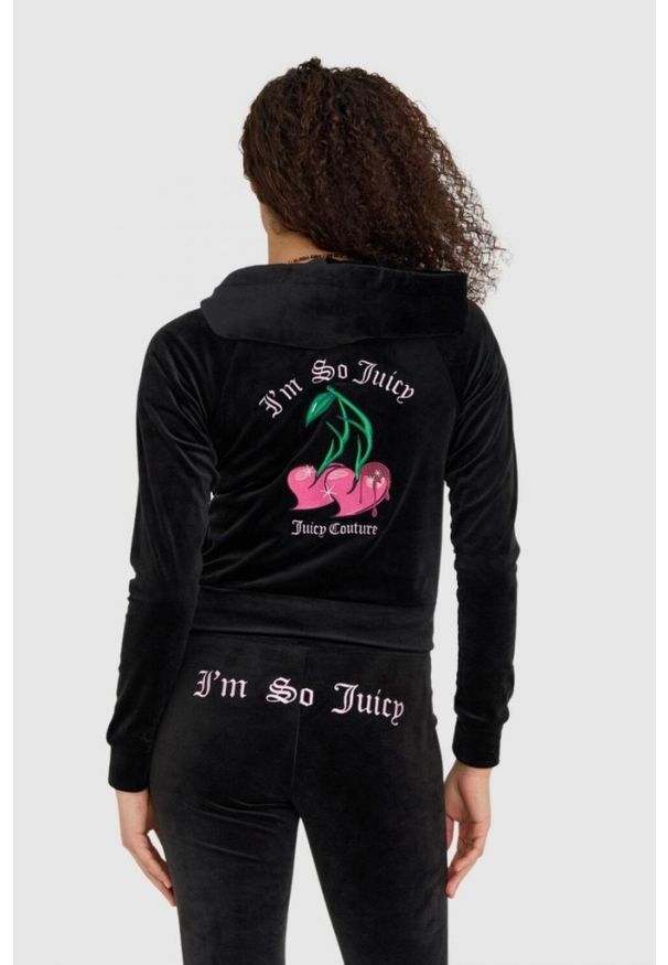 Juicy Couture - JUICY COUTURE Czarna welurowa bluza dresowa damska z haftowanymi wisienkami, Rozmiar L. Kolor: czarny. Materiał: dresówka, welur. Wzór: haft