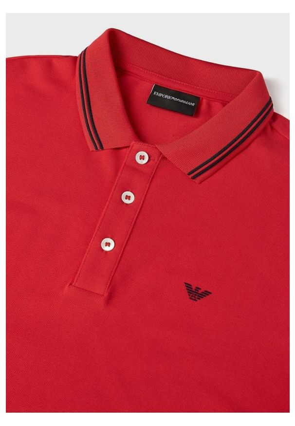Emporio Armani - EMPORIO ARMANI Męska, czerwona, koszulka polo. Typ kołnierza: polo. Kolor: czerwony. Materiał: dzianina, bawełna, elastan. Wzór: nadruk