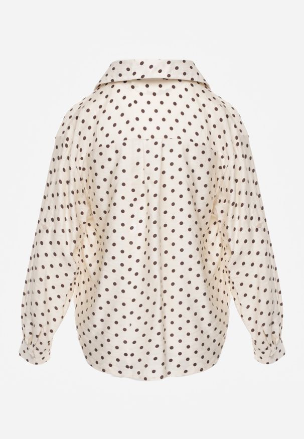 Renee - Beżowa Koszula w Groszki z Wiskozy Zdobiona Węzłem Aetherissa. Okazja: na co dzień. Kolor: beżowy. Materiał: wiskoza. Długość: długie. Wzór: aplikacja, grochy. Styl: casual