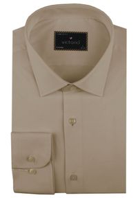 Delikatnie Taliowana Elegancka Koszula Męska - Victorio - Jasny Brąz. Kolor: brązowy, wielokolorowy, beżowy. Materiał: bawełna, elastan, poliester. Styl: elegancki #3