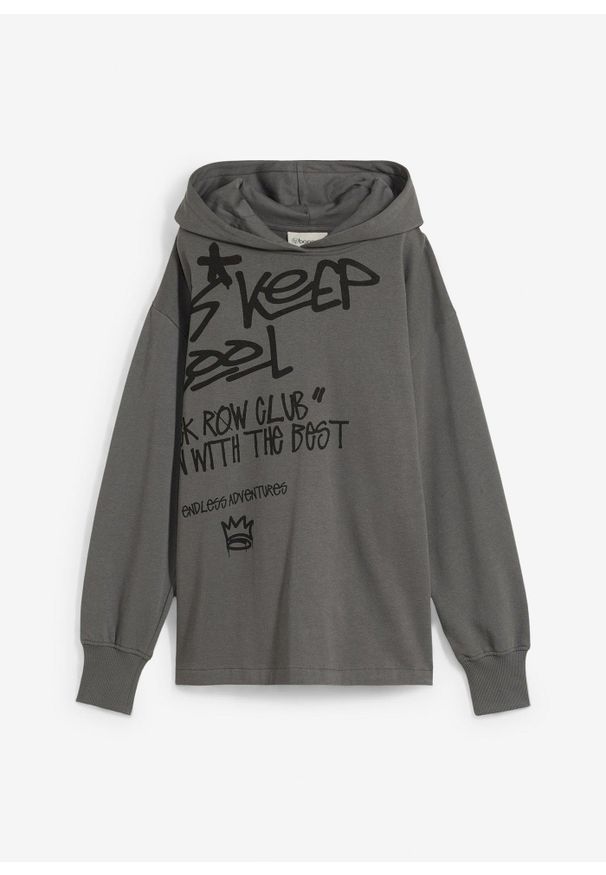 bonprix - Bluza z kapturem z nadrukiem graffiti z czystej bawełny organicznej. Typ kołnierza: kaptur. Kolor: szary. Materiał: bawełna. Wzór: nadruk