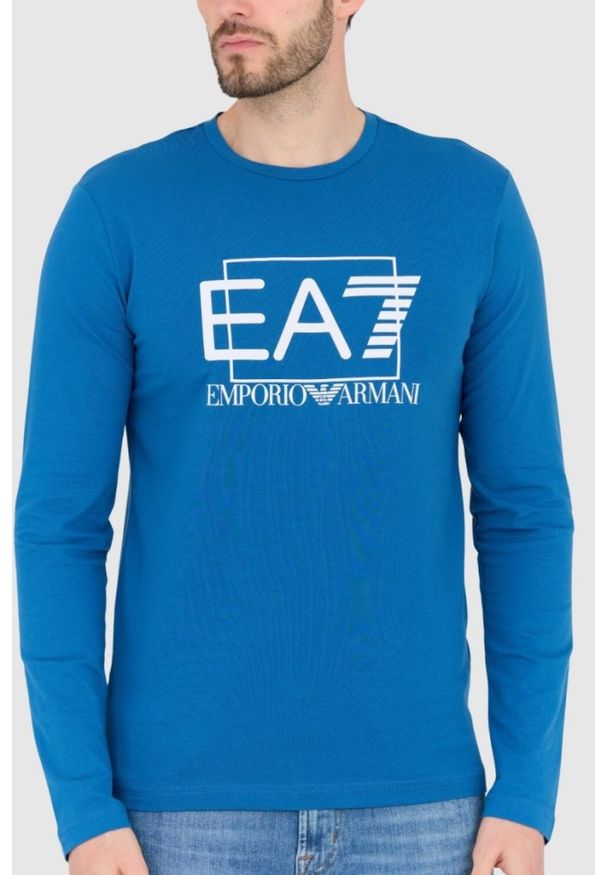 EA7 Emporio Armani - EA7 Niebieski męski bawełniany longsleeve, Rozmiar XXL. Kolor: niebieski. Materiał: bawełna. Długość rękawa: długi rękaw. Długość: długie