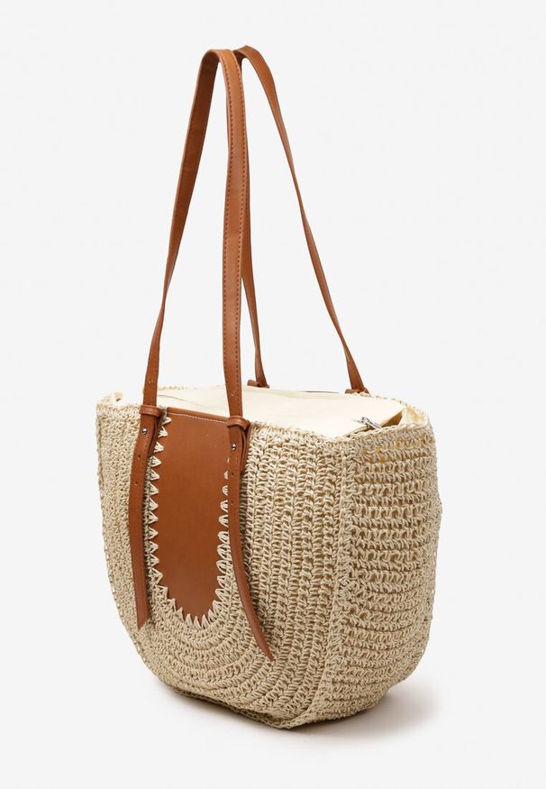Born2be - Jasnobeżowa Plażowa Torebka Typu Shopper z Ozdobnej Plecionki z Dwoma Regulowanymi Paskami Karsaia. Kolor: beżowy. Wzór: paski