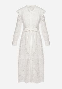 Born2be - Biała Koronkowa Sukienka z Paskiem w Talii i Falbanką Nicasta. Okazja: na co dzień. Typ kołnierza: kołnierzyk stójkowy. Kolor: biały. Materiał: koronka. Długość rękawa: długi rękaw. Typ sukienki: proste. Styl: elegancki, casual #7