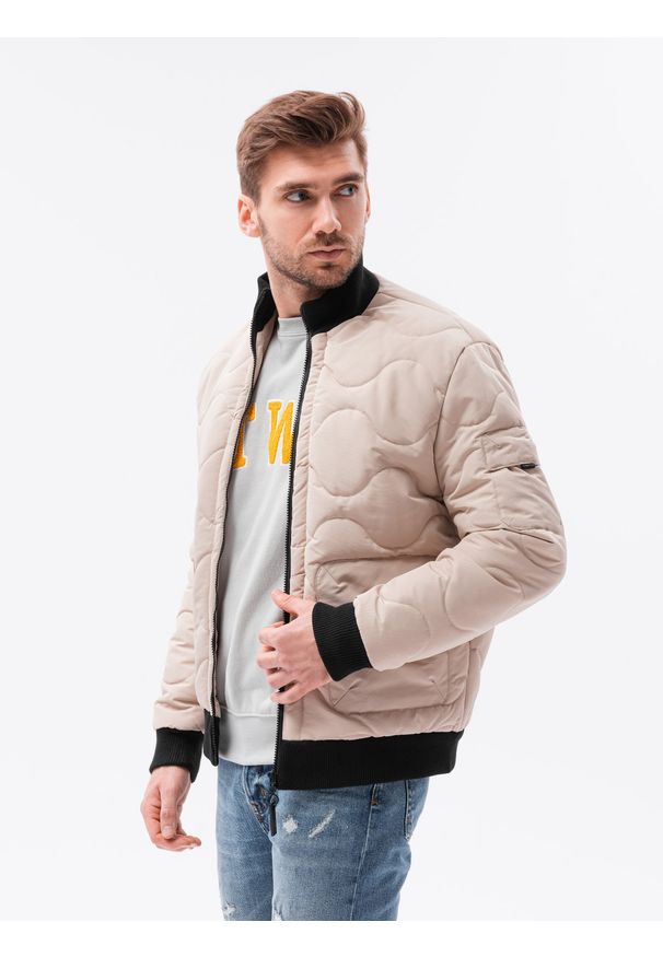 Ombre Clothing - Kurtka męska przejściowa C515 - beżowa - XXL. Kolor: beżowy. Materiał: poliester. Styl: klasyczny, elegancki, sportowy