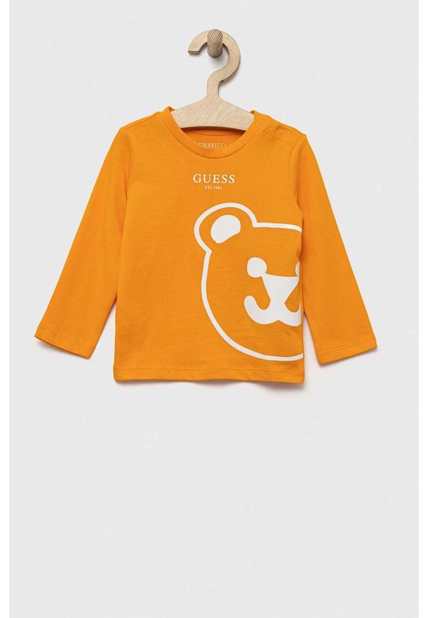 Guess longsleeve bawełniany niemowlęcy kolor pomarańczowy wzorzysty. Okazja: na co dzień. Kolor: pomarańczowy. Materiał: bawełna. Długość rękawa: długi rękaw. Styl: casual, klasyczny