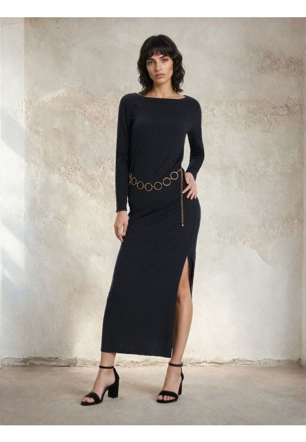 Sinsay - Prążkowana sukienka maxi z paskiem z kółek - niebieski. Kolor: niebieski. Materiał: prążkowany. Długość: maxi