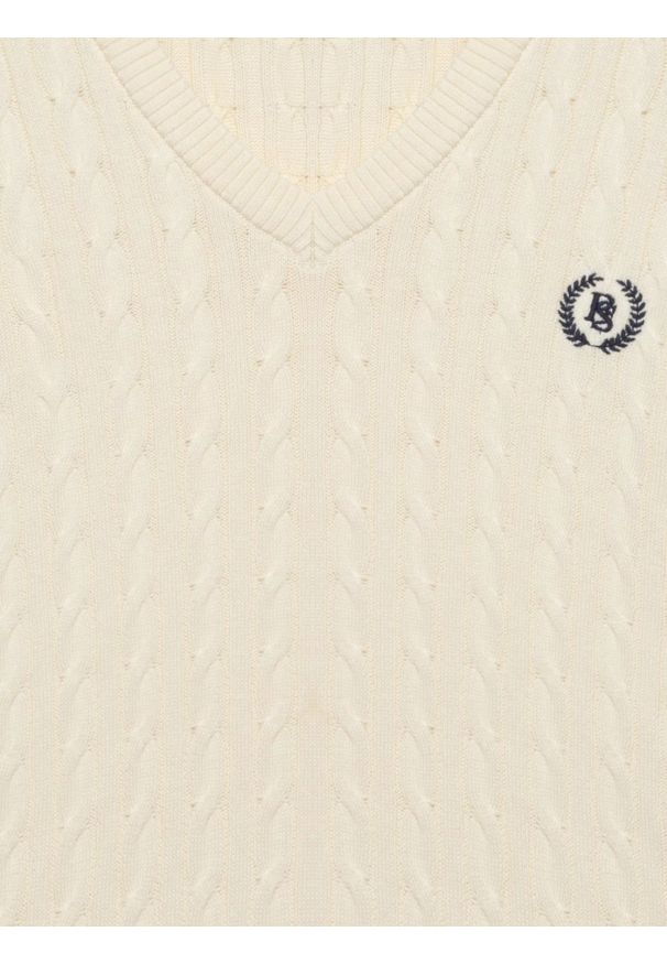 Big-Star - Sweter damski ze splotem warkoczowym z dekoltem v-neck biały Nisa 100. Kolor: biały. Materiał: poliamid, włókno, bawełna. Długość: długie. Wzór: ze splotem. Styl: klasyczny