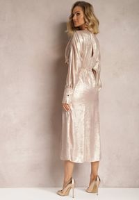 Renee - Beżowa Sukienka Midi z Gumką w Pasie i Rękawami Nietoperz Botella. Kolor: beżowy. Wzór: aplikacja. Długość: midi #5