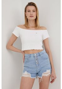 Tommy Jeans t-shirt damski kolor biały. Typ kołnierza: dekolt w karo. Kolor: biały. Materiał: bawełna