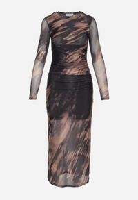 Born2be - Czarno-Beżowa Dopasowana Sukienka Długa z Siateczki z Rozcięciem na Boku Nethys. Kolor: czarny. Materiał: wiskoza. Styl: elegancki. Długość: maxi #2