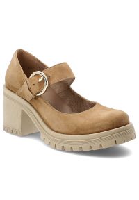 Półbuty damskie Armodo, cholewka ze skóry naturalnej zamszowej pasek z regulacją na metalową klamrę zabudowany przód na wysokim obcasie, brązowe, 201. Zapięcie: klamry. Kolor: brązowy. Materiał: skóra, zamsz. Szerokość cholewki: normalna. Obcas: na obcasie. Wysokość obcasa: wysoki #1