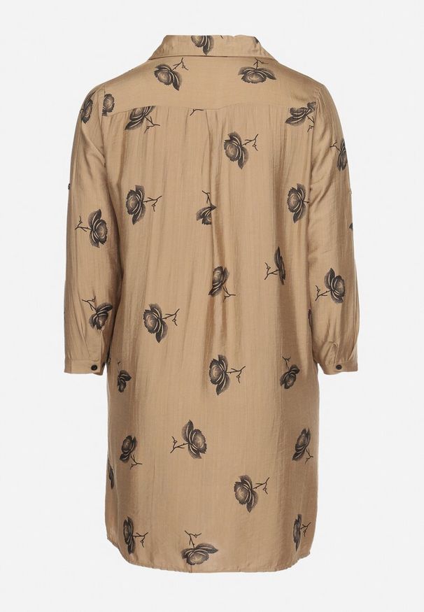 Born2be - Ciemnobeżowa Koszulowa Sukienka z Guzikami i Regulowanymi Rękawami Xatella. Kolekcja: plus size. Kolor: beżowy. Wzór: kwiaty. Typ sukienki: koszulowe