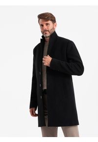 Ombre Clothing - Jednorzędowy długi płaszcz męski w stylu garniturowym – czarny V1. Kolor: czarny. Materiał: tkanina, poliester, materiał. Długość: długie. Wzór: jednolity. Styl: elegancki