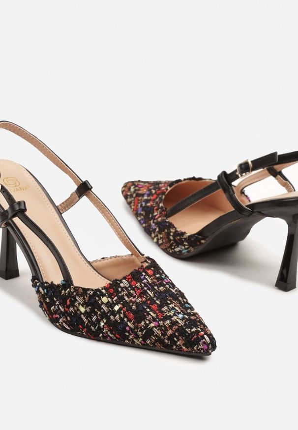 Renee - Czarne Tweedowe Szpilki Typu Slingback z Noskiem w Szpic Binea. Okazja: na co dzień. Zapięcie: sprzączka. Kolor: czarny. Materiał: jeans. Obcas: na szpilce. Styl: elegancki, casual. Wysokość obcasa: średni