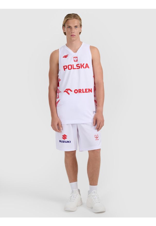 4f - 4F Koszulka reprezentacyjna z możliwością personalizacji męska 4F x PZKOSZ - biała 3XL. Typ kołnierza: dekolt w serek. Kolor: biały. Materiał: włókno, syntetyk, materiał. Wzór: nadruk, napisy. Styl: klasyczny, sportowy