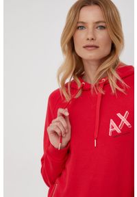 Armani Exchange bluza bawełniana damska kolor czerwony z kapturem z nadrukiem. Typ kołnierza: kaptur. Kolor: czerwony. Materiał: bawełna. Długość rękawa: raglanowy rękaw. Wzór: nadruk