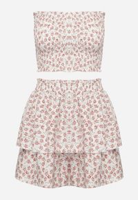 Born2be - Biało-Różowy Komplet 2-Częściowy Top Bandeau z Marszczeniami Spódnico-Szorty z Gumką w Talii Profea. Kolor: biały. Materiał: tkanina #6