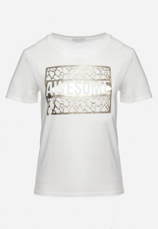 Born2be - Biały Bawełniany T-shirt z Ozdobnym Napisem Floerin. Okazja: na co dzień. Kolor: biały. Materiał: bawełna. Wzór: napisy. Styl: elegancki, casual