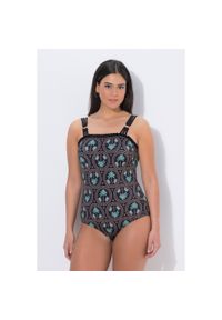 ULLA POPKEN - Damskie Strój kąpielowy palmy okrągły dekolt miękkie miseczki z recyklingu. Kolekcja: plus size. Kolor: czarny. Materiał: poliester, elastan, poliamid, materiał #1